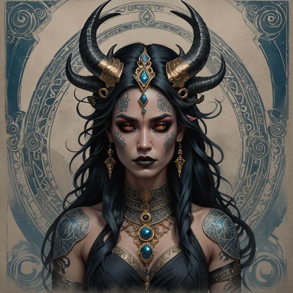 Obsidian Horned Woman in Dark Fantasy Style
