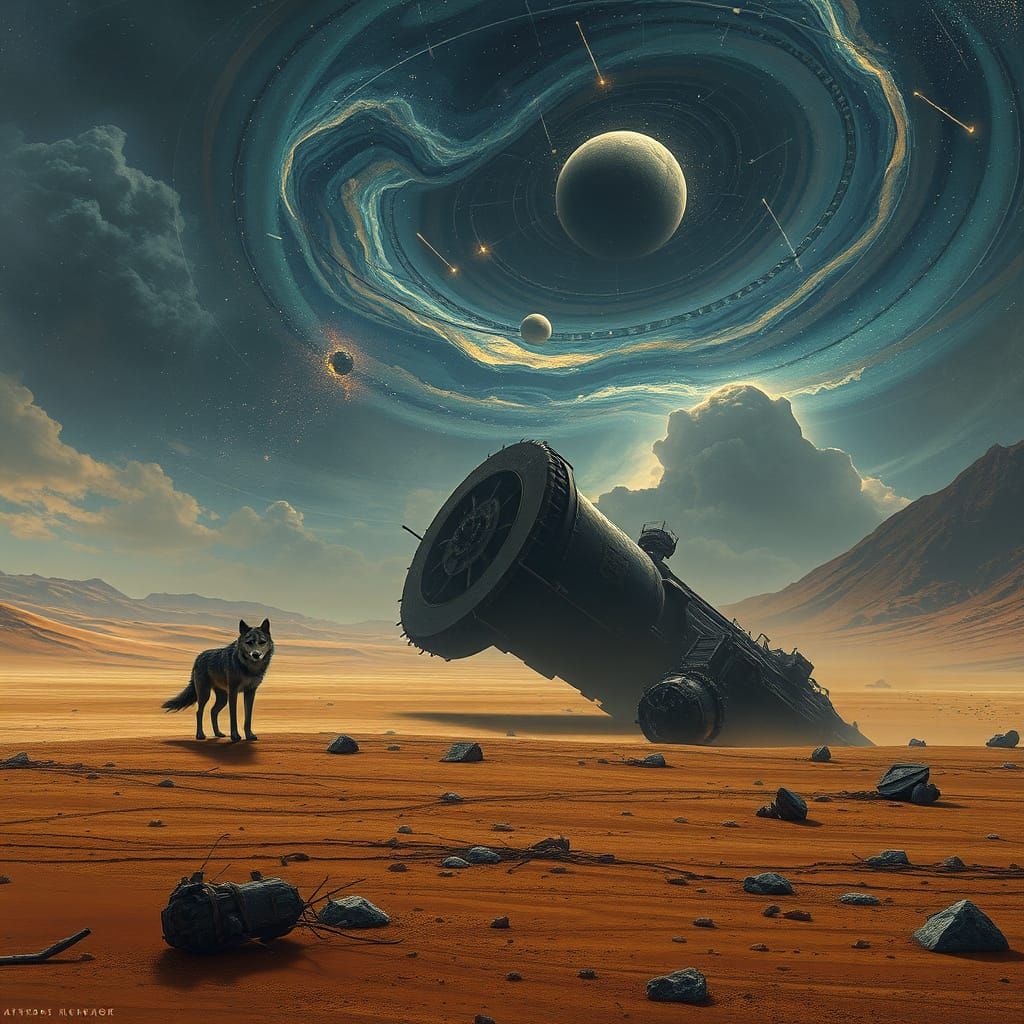 Lone Wolf Under Cosmic Skies in Dark Fantasy Style