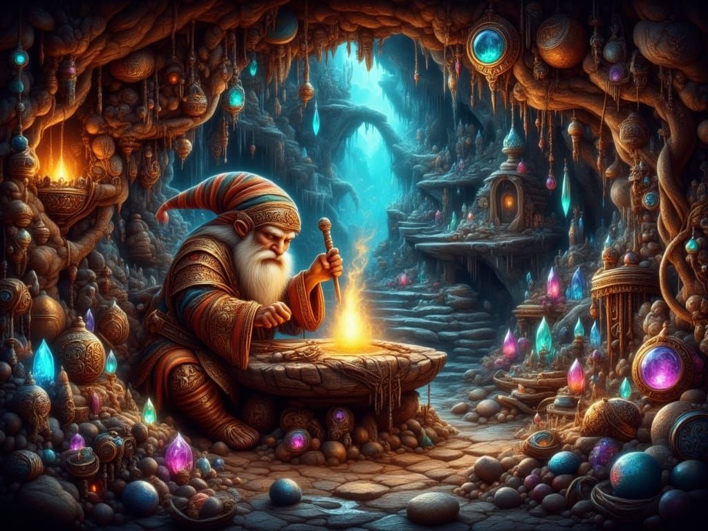 Dwarf Jeweler in Shimmering Crystal Cave, Hyperrealistic Art