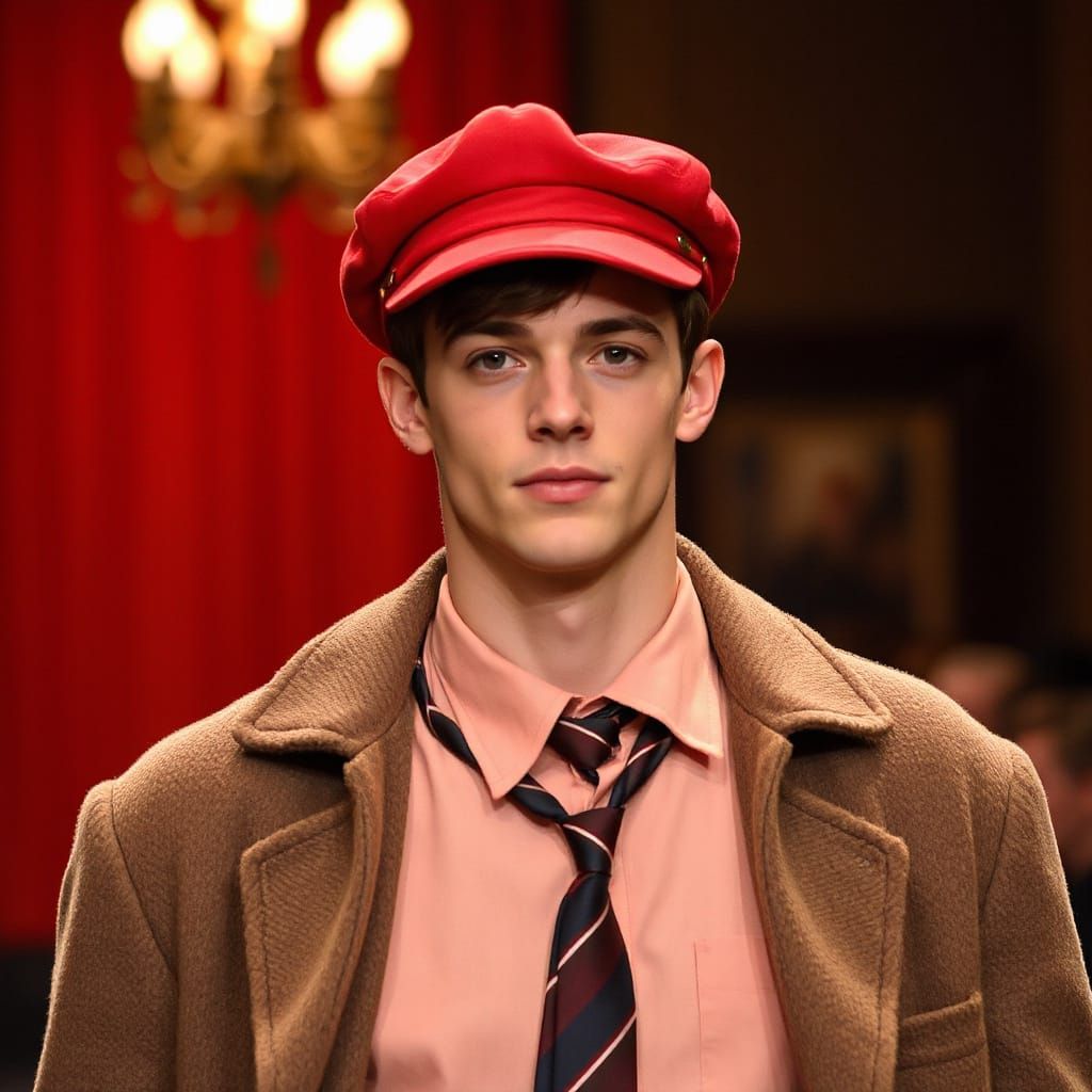 Handsome Young Man Struts Down Catwalk in a Red Hunting Cap