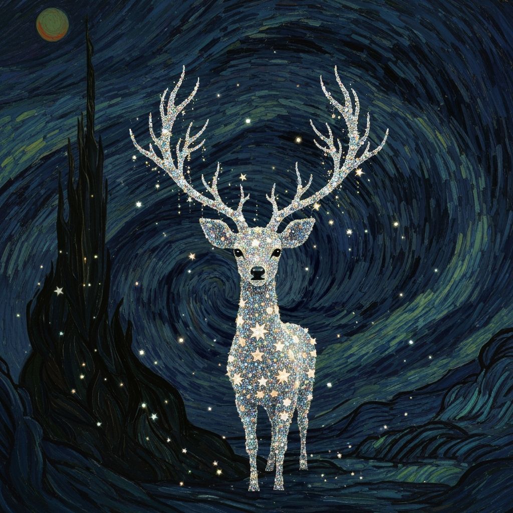 Celestial Deer Under Starry Night Sky