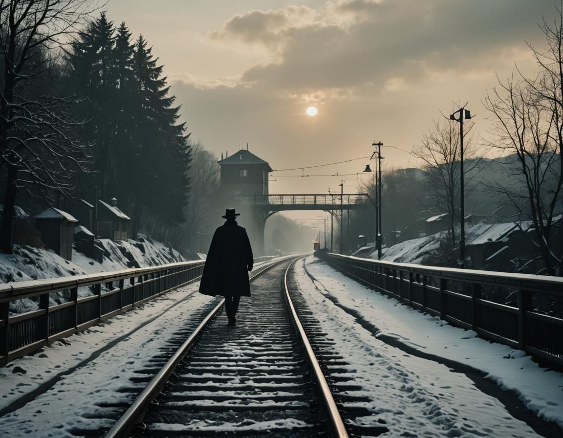Dramatic Silhouette of Man Watching Train in Winter