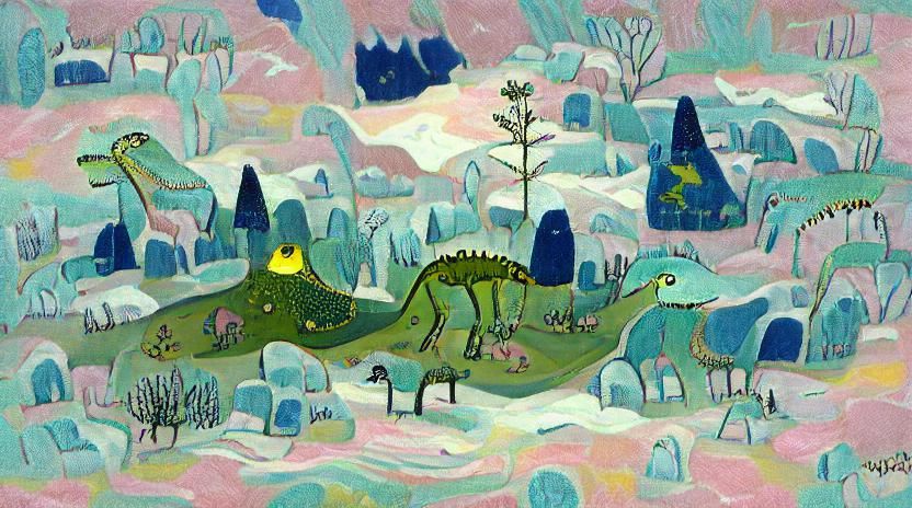 Dinosaur in Bioluminescent Tundra, Naive Art Style
