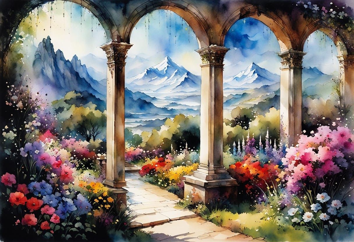 Dreamy Garden Archway in Watercolor Ink Style