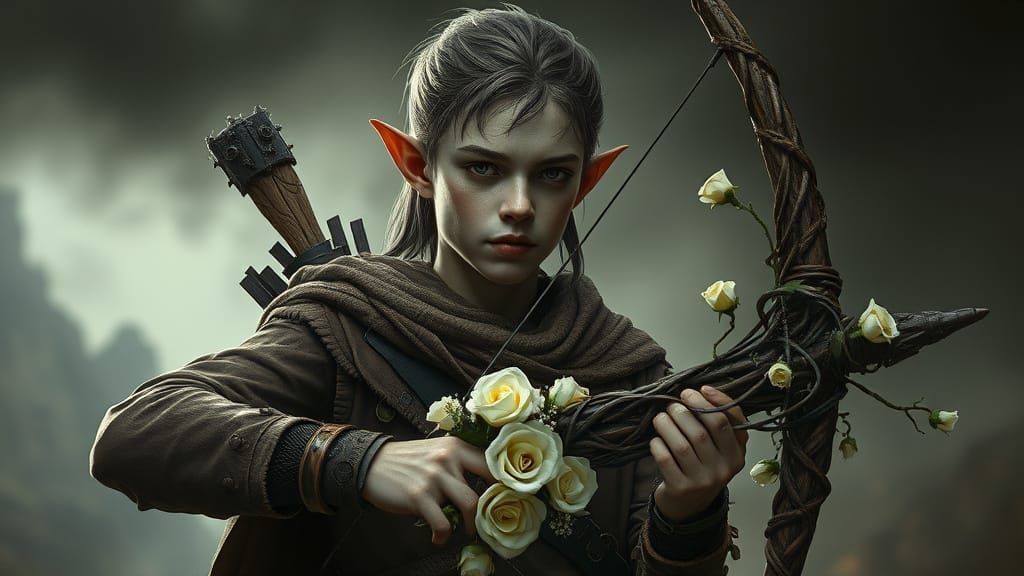 Ethereal Elf Warrior in Worn Earth Tones, Longbow Made of Vi...