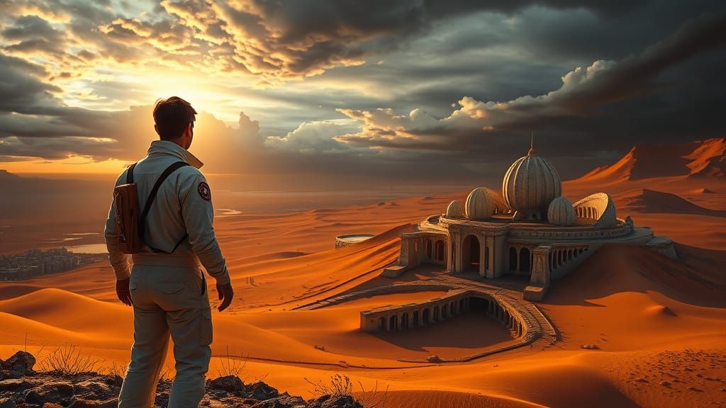 Explorer Overlooking Alien Desert Landscape at Sunset