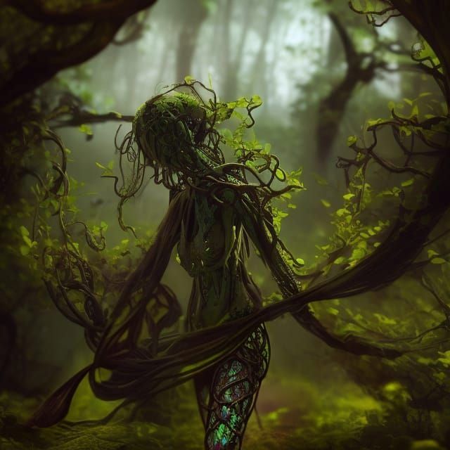 Covered in Vines, ancient chrome battle humanoid robot girl ...