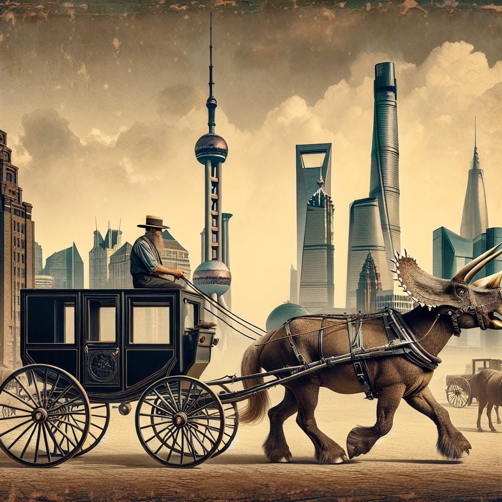 Time clash: Amish buggy pulled by triceratops in Shanghai