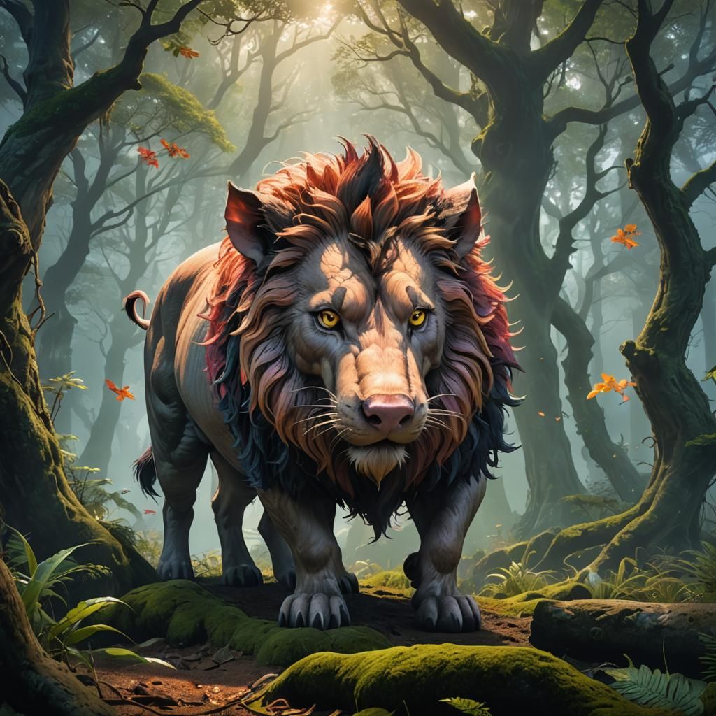 Pig-Lion Hybrid in Misty Forest, 3D Anime Art