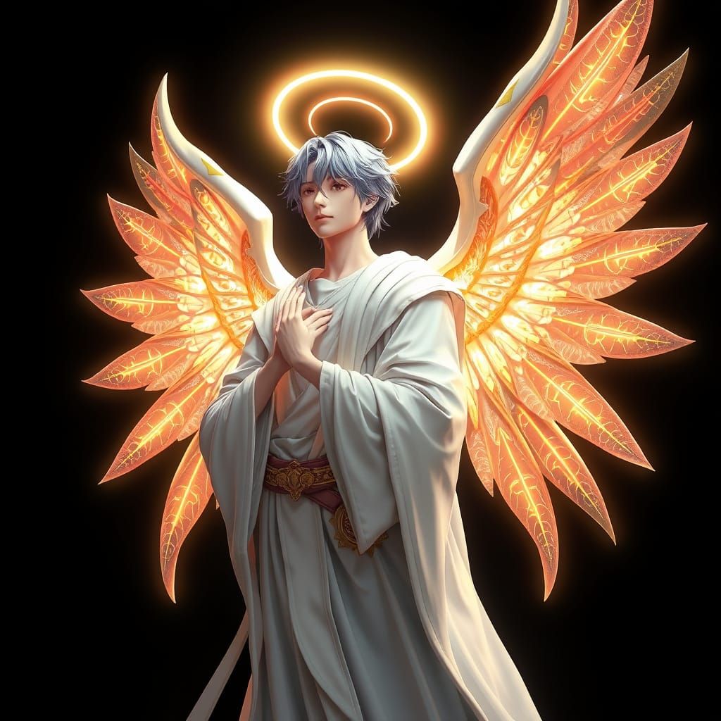 Intricate Biblical Angel with Radiant Wings in Glowing Halo