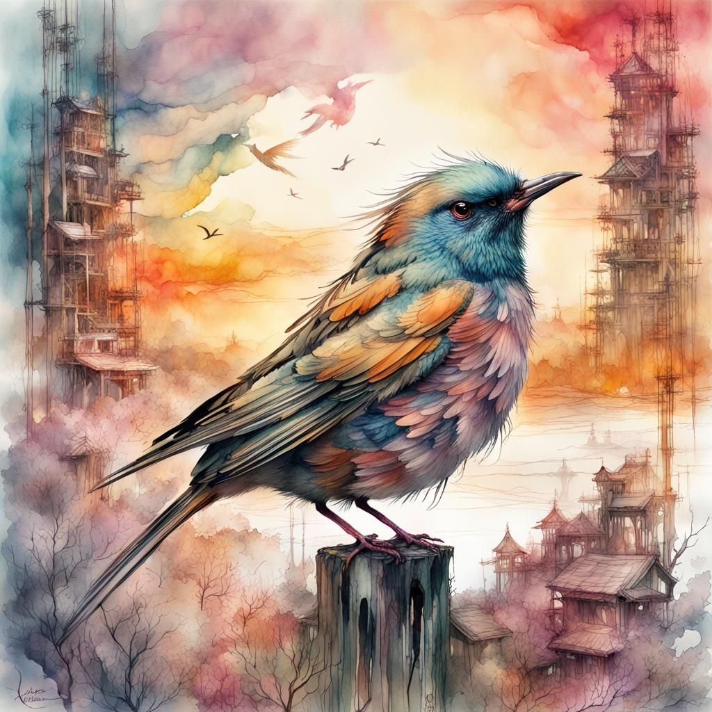 Fantasy Bird in Digital Watercolor Illustration