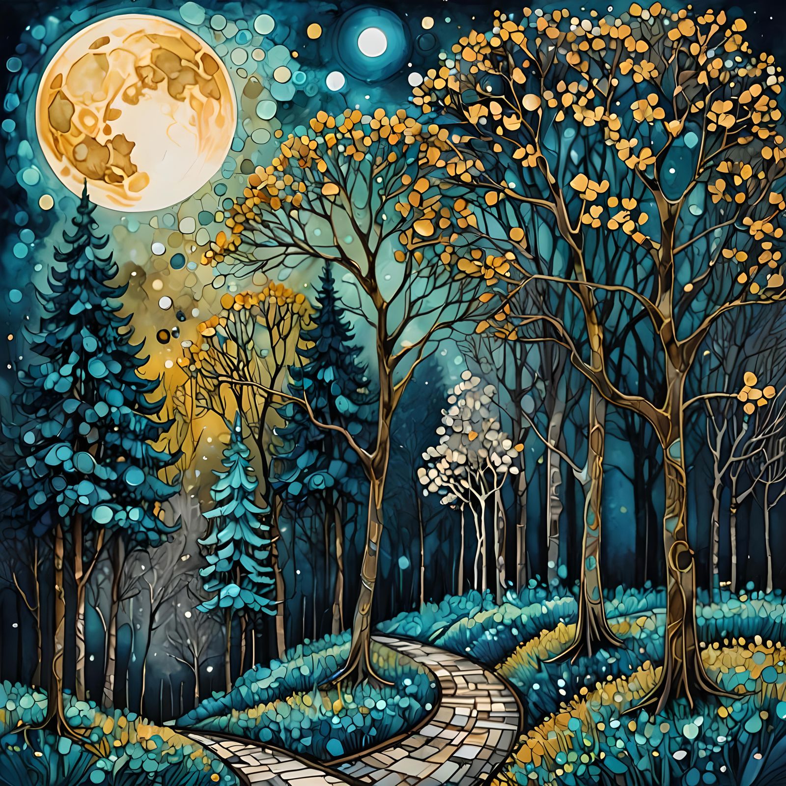 Moonlit Path Through Arabesque Forest, Impasto Ink
