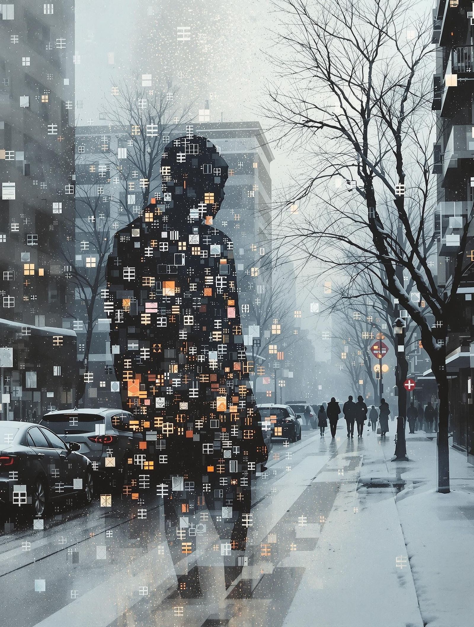 Silhouette Disappears in a Bustling Cityscape at Dawn