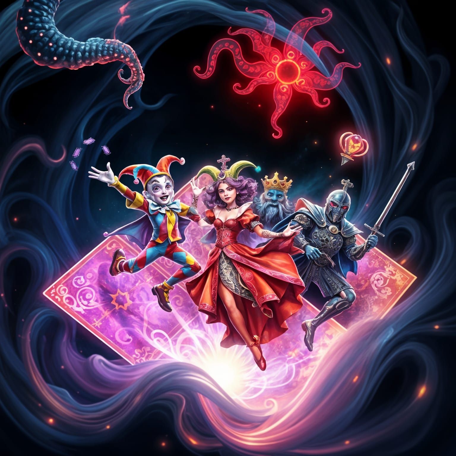 Ethereal Eldritch Characters Erupt from Neon Art Nouveau Pla...