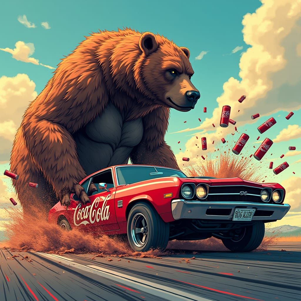 Explosive Cola Chaos: Bear and Car in Dynamic Anime Style