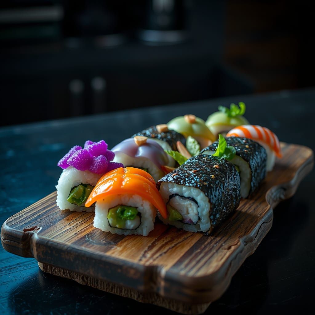 Hyperrealistic Sci-Fi Sushi on Cosmic Tray