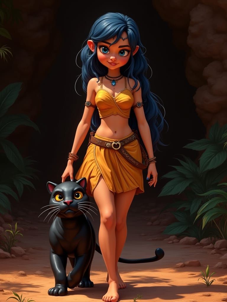 Prehistoric Ladybug Cavewoman Walks with Black Panther