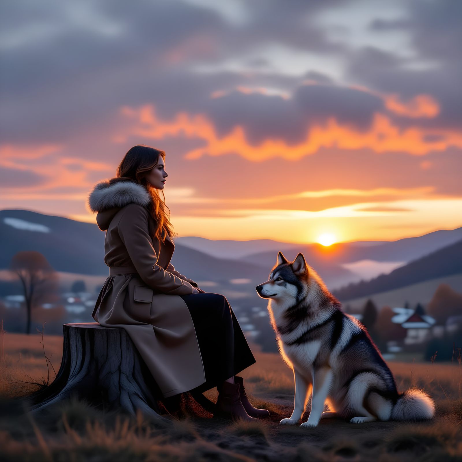 Woman and Wolf Silhouette at Twilight in Storybook Style