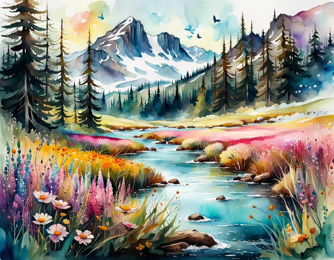 Beavers Building Dam in Flower Meadow: Watercolor Art