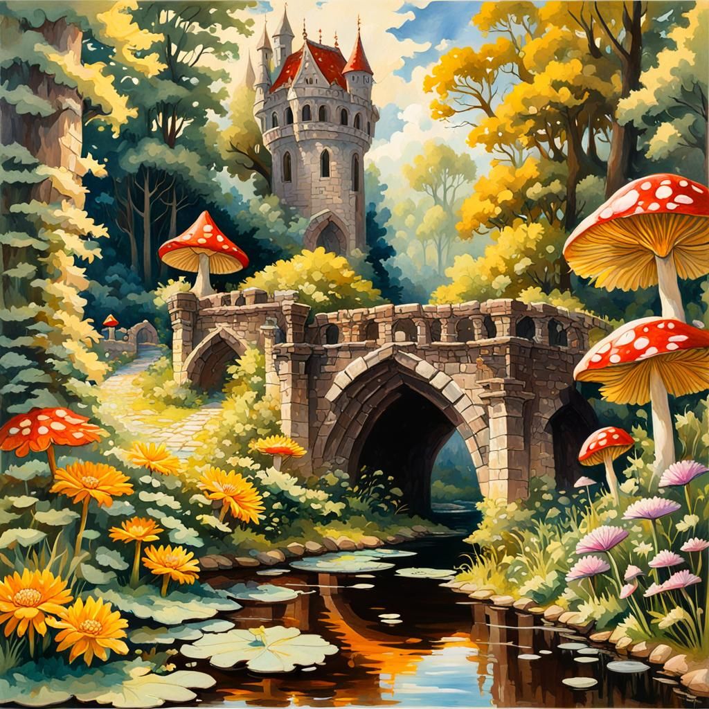 Gothic Dungeon and Mushroom Garden, Impressionist Oil Painti...