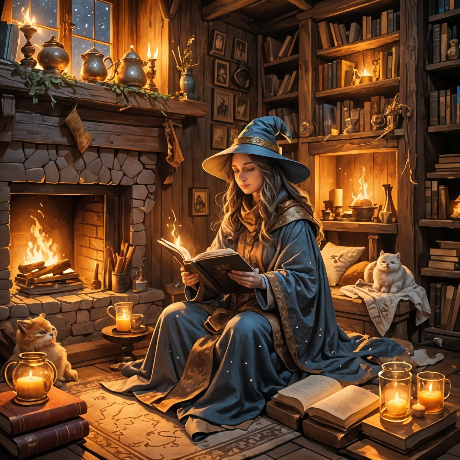 Cozy Fantasy: Female Wizard in Tranquil Living Room