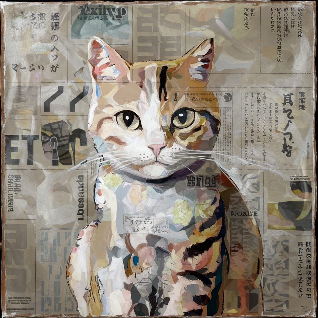 Abstract Cat with Japanese Newsprint Collage