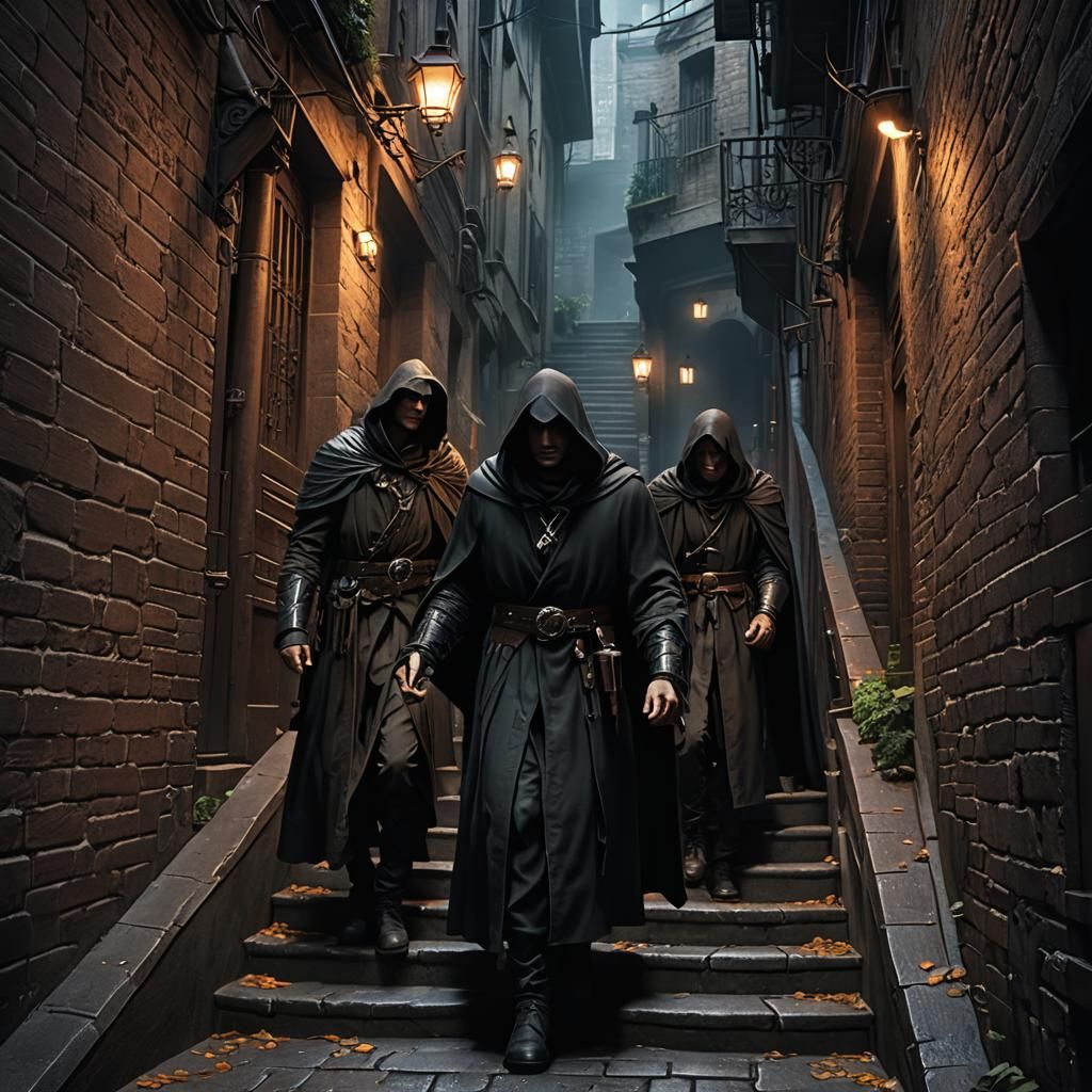 Cloaked Men Duel in Dark Alleyway: Fantasy Art