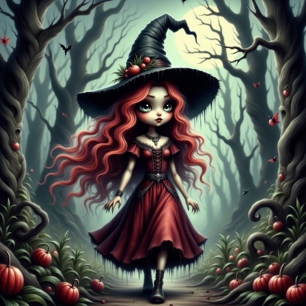 Cute Witch in Haunted Forest: Dark Fantasy