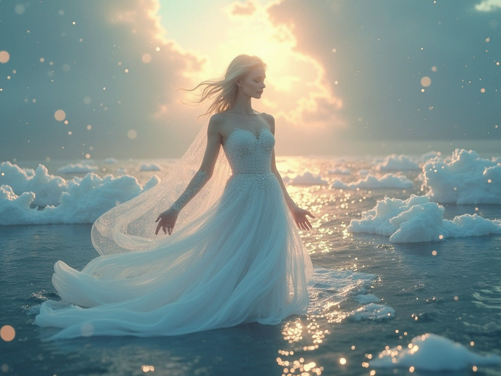 Ethereal Woman in Ice Realm with Flowing Gown