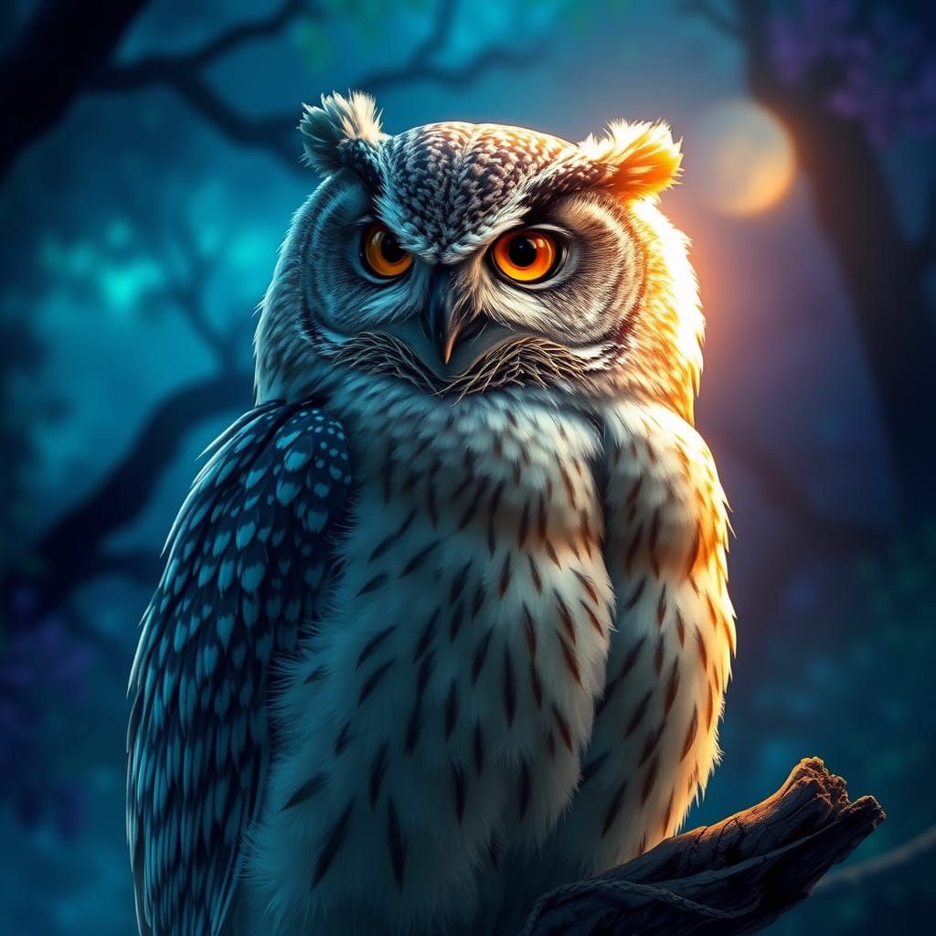 Majestic Owl Portrait in a Vibrant, Moonlit Forest