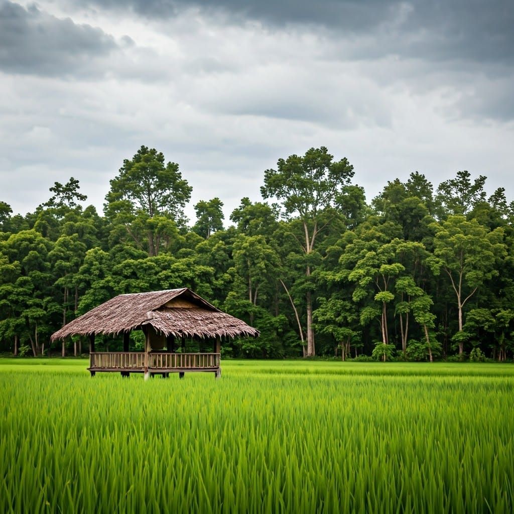 Hut in Paddyfield Under Cloudy Sky