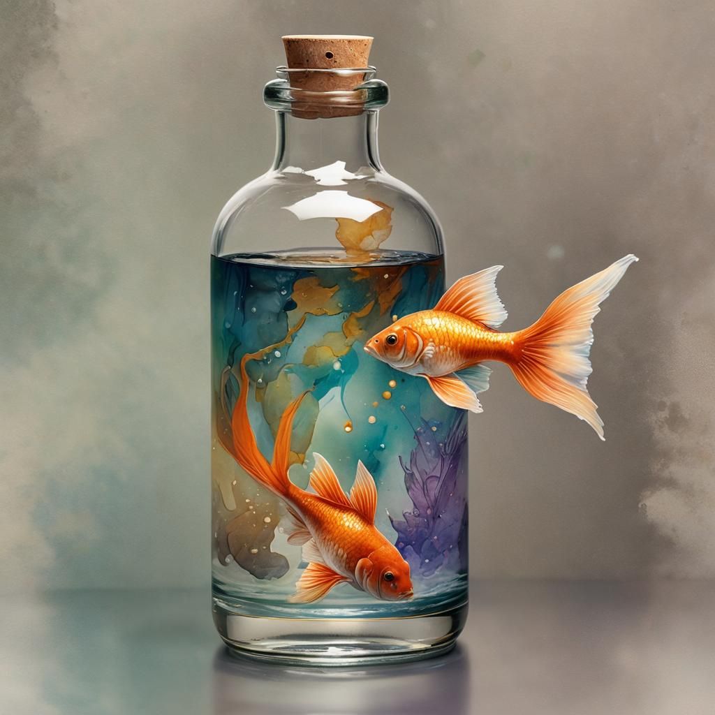 Mysterious Mermaid with Goldfish in Splash Art Style