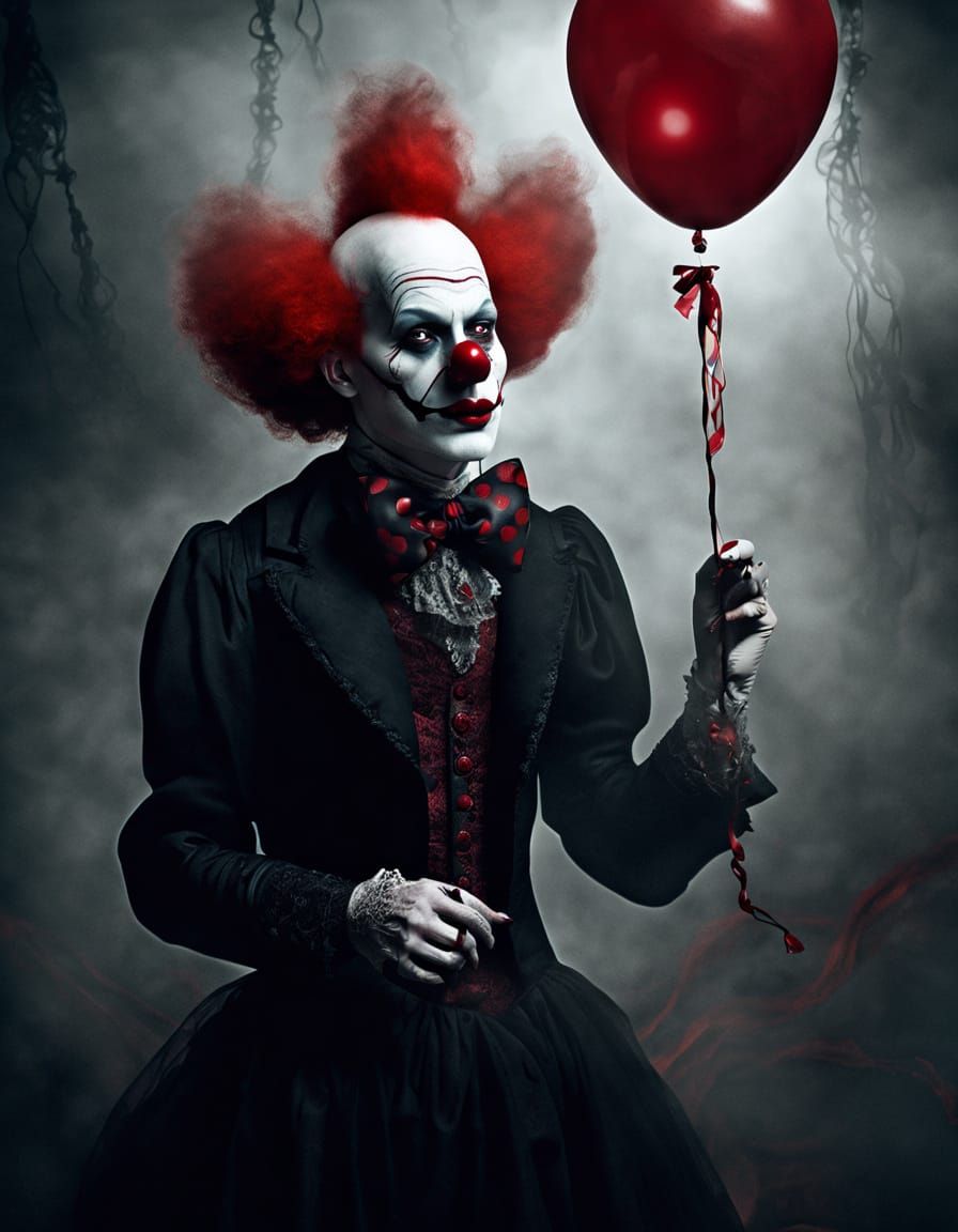 Gothic Clown Embodies Dark Elegance in Swirling Mist