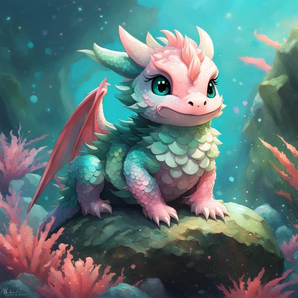 Pastel Chibi Dragon on Coral Reef, Artstation Quality