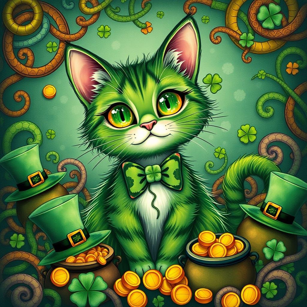 Whimsical Green Cat in Celtic Fantasy Landscape