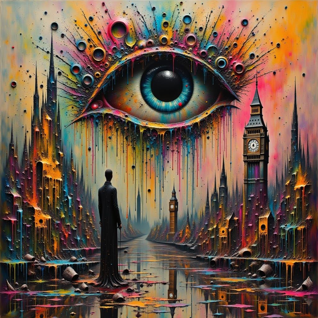 <lora:MJ6 Dark Oil Paint:1.0> <lora:Abstract extra:1.0> A colossal, vibrant eye