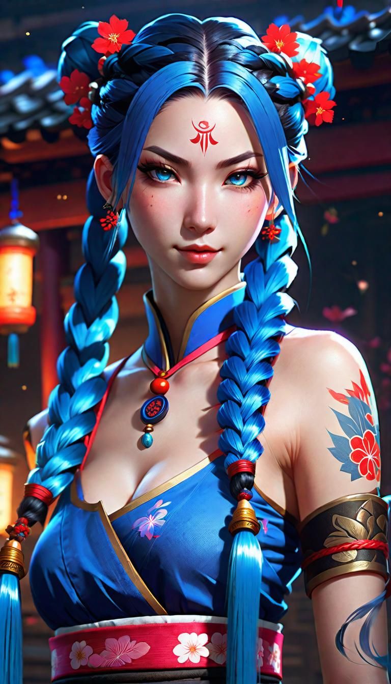 Jinx in Japanese Style with Blue Braids