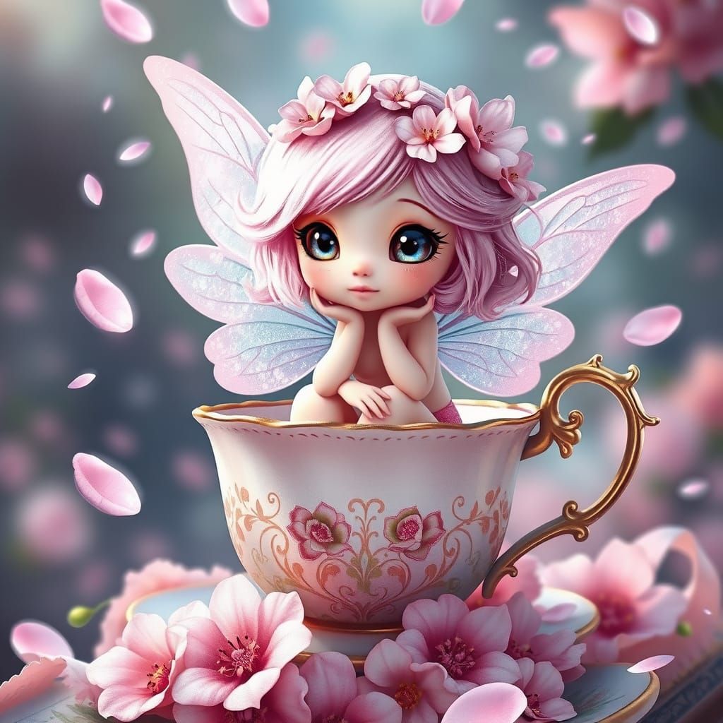 Cute Fairy Girl on Magical Teacup, Watercolor Fantasy Style