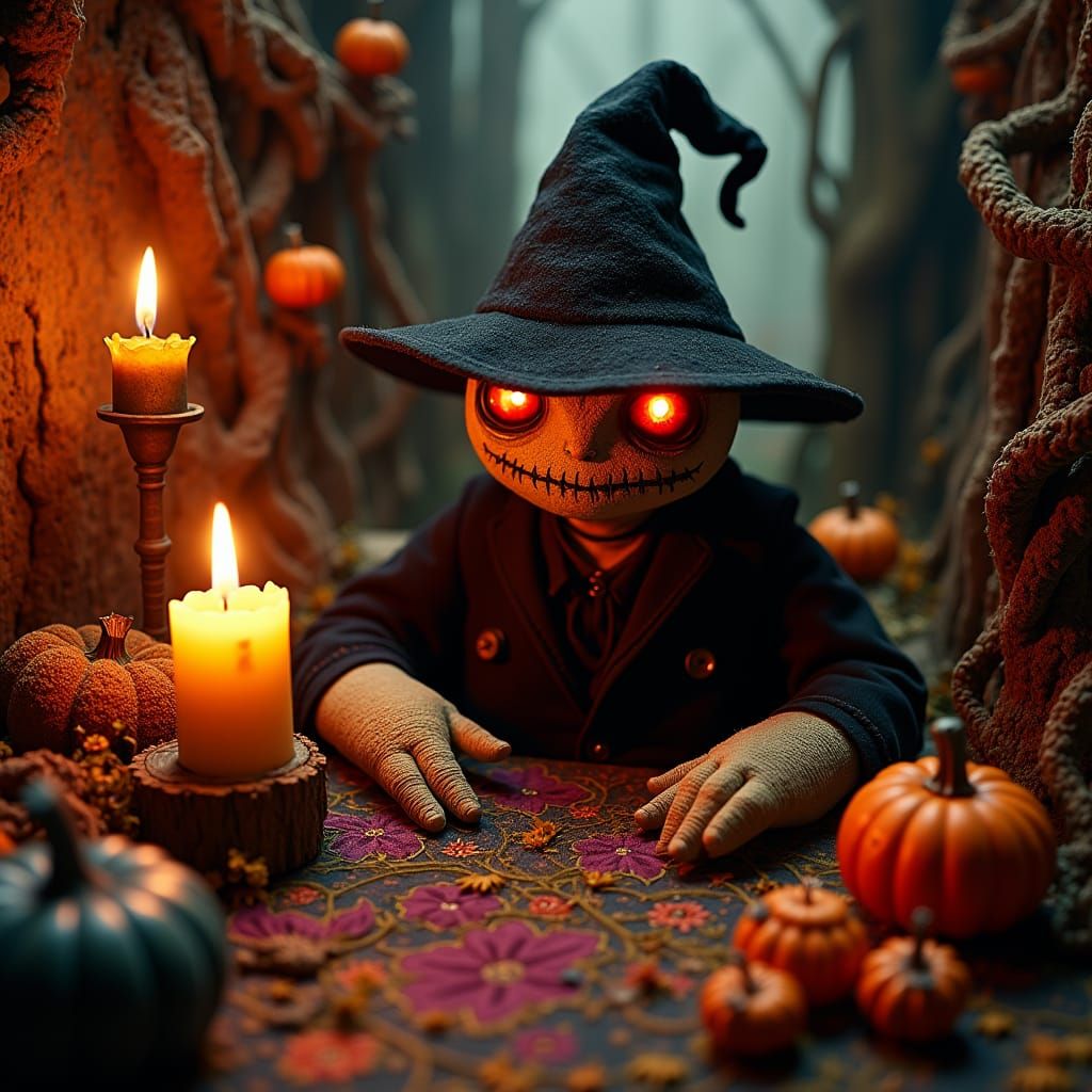 Creepy Halloween Scene with Glowing Eyes