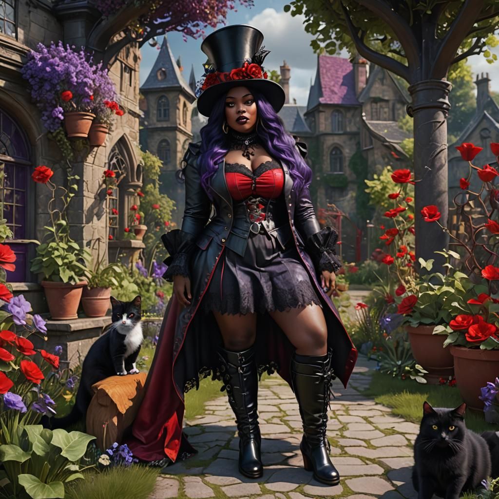 Gothic Woman with Cats in Fantasy Garden