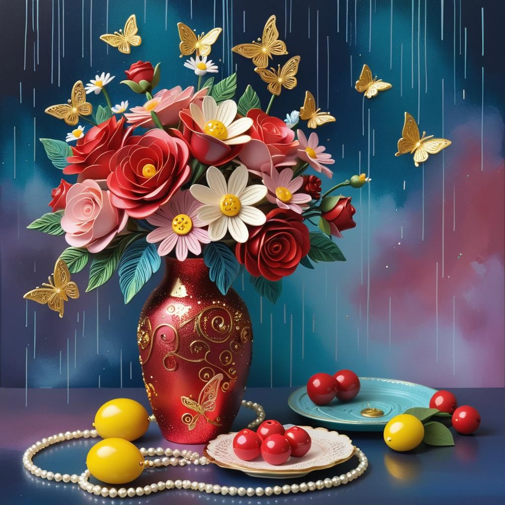 Surreal Floral Scene in Gold Leaf Vase with Glittery Red Acc...