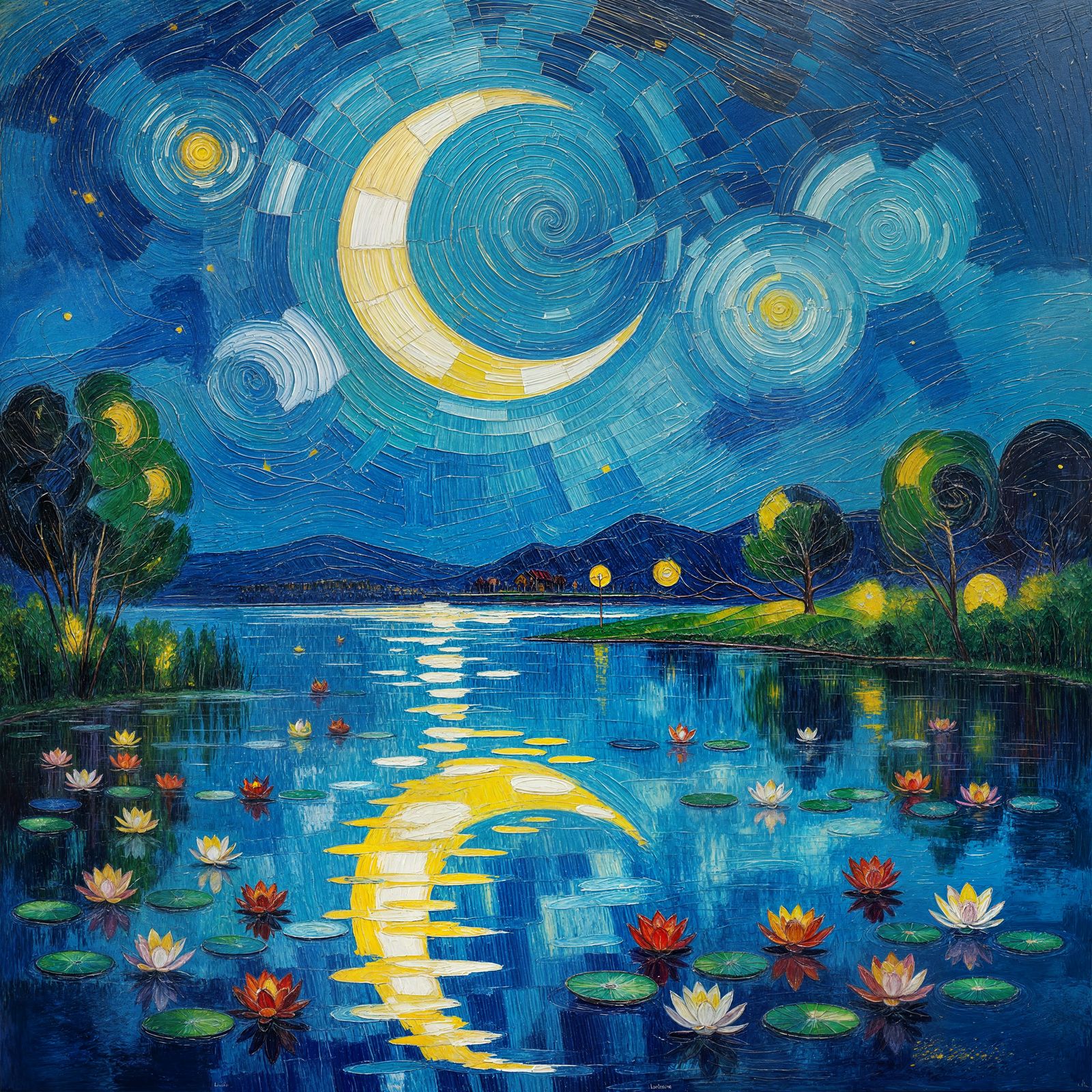 Moonlit Lake with Water Lilies and Fireflies