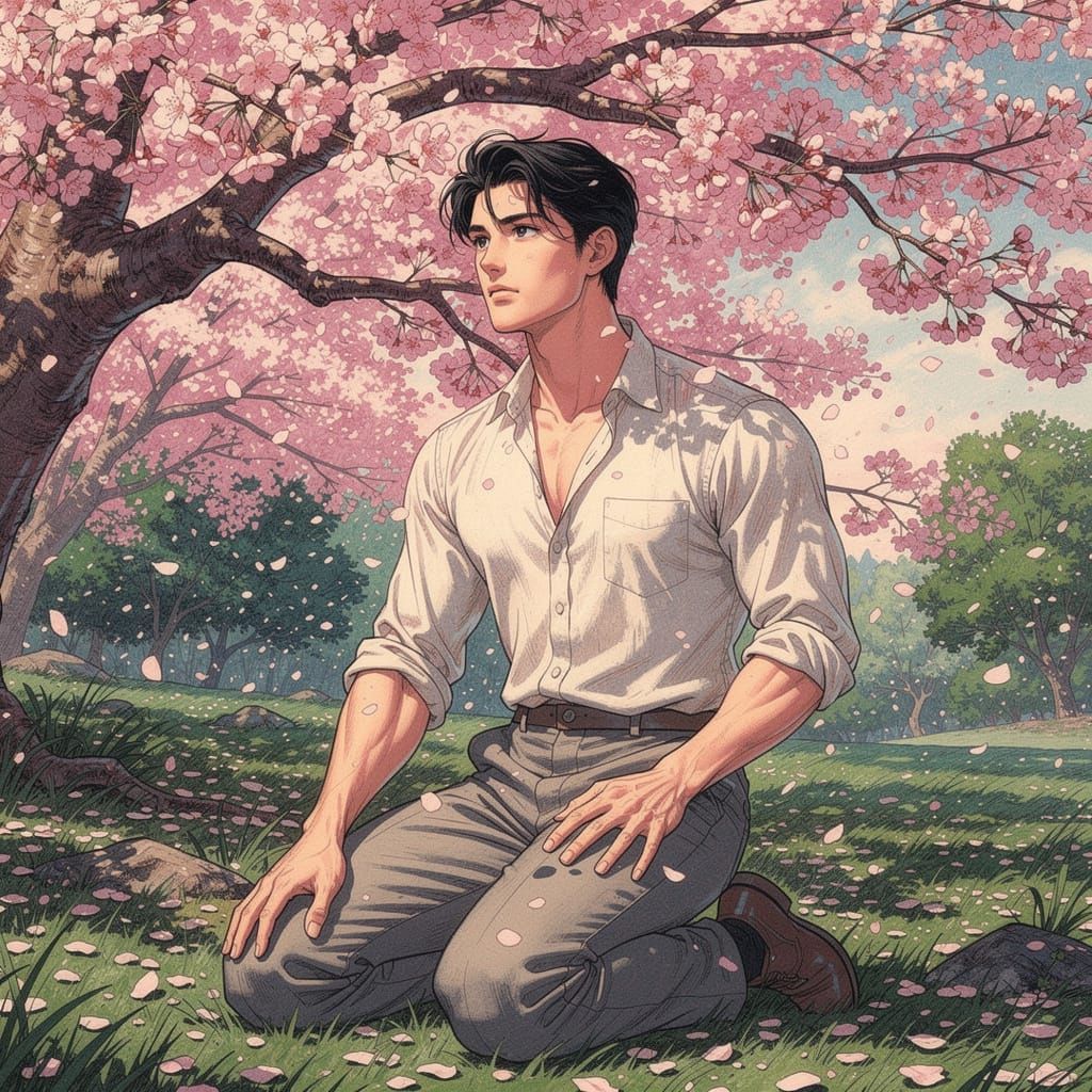 Japanese Man Kneels Under Sakura Tree in Bloom