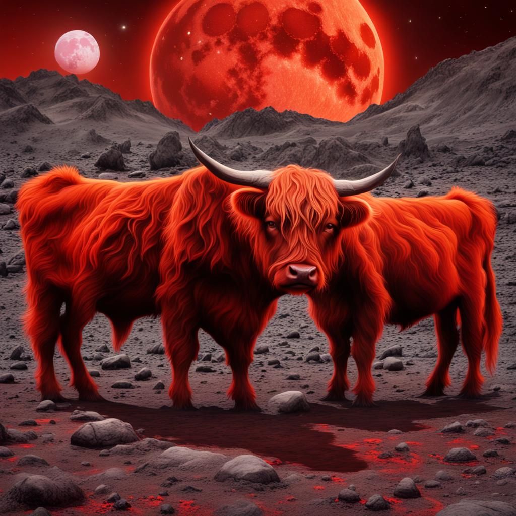Red Moon Landscape with Cows in Space Suits