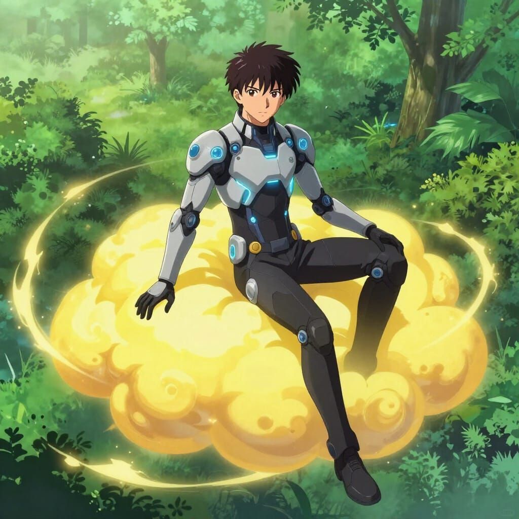 Cyberpunk Man on Magical Cloud in Nature