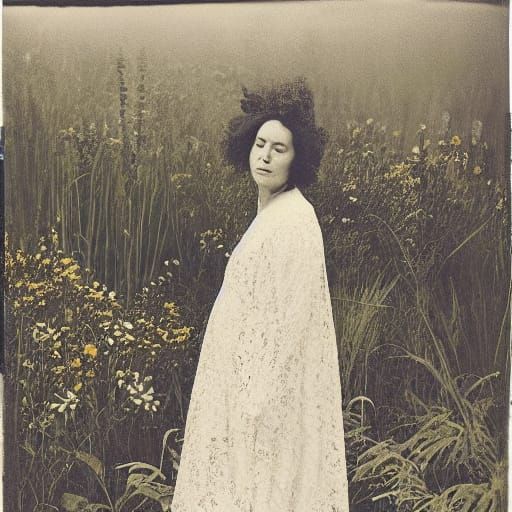 Ethereal Woman in Whimsical Cyanotype Landscape