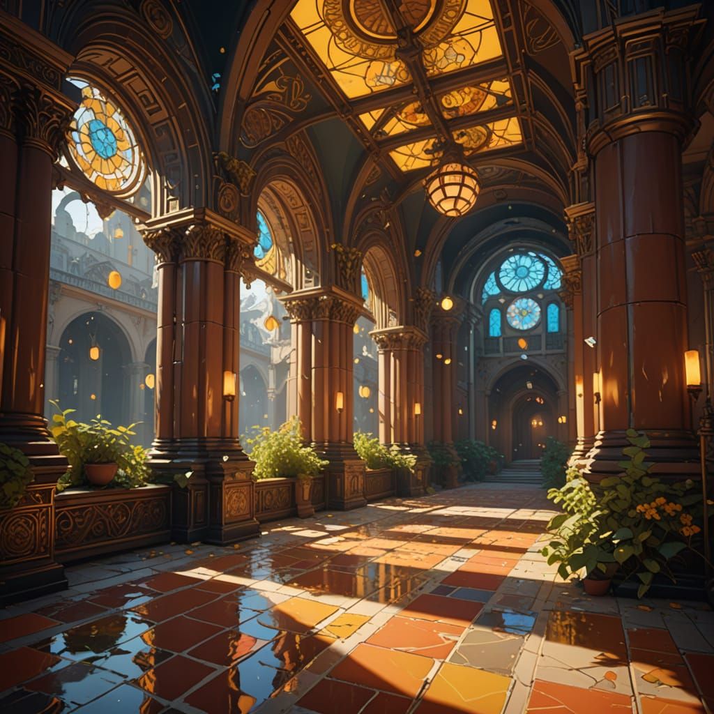 Bird's-Eye View of Shaded Stone Gallery in Art Nouveau Style