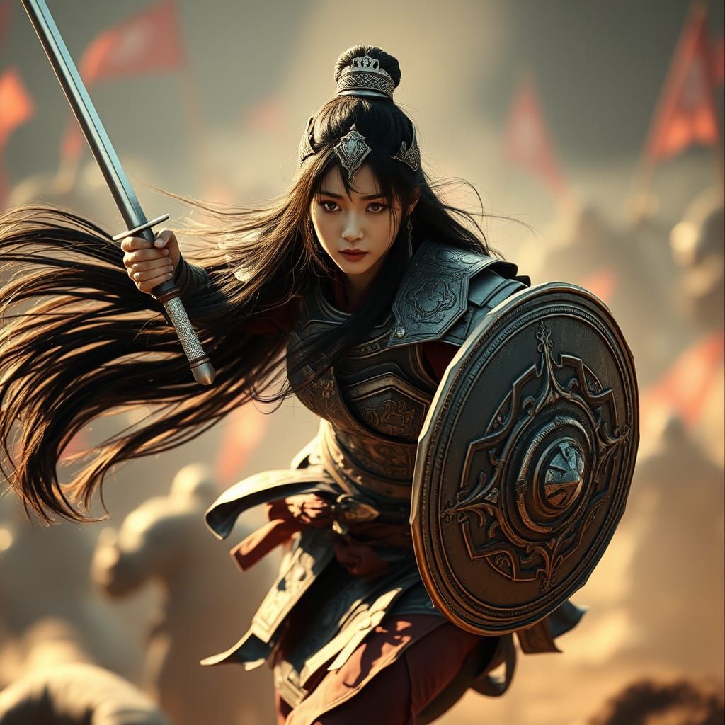 Ethereal Korean Warrior in Mid-Air Combat