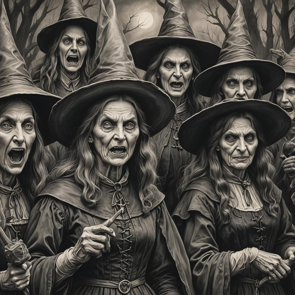 Dark Puritan Witches in Charcoal