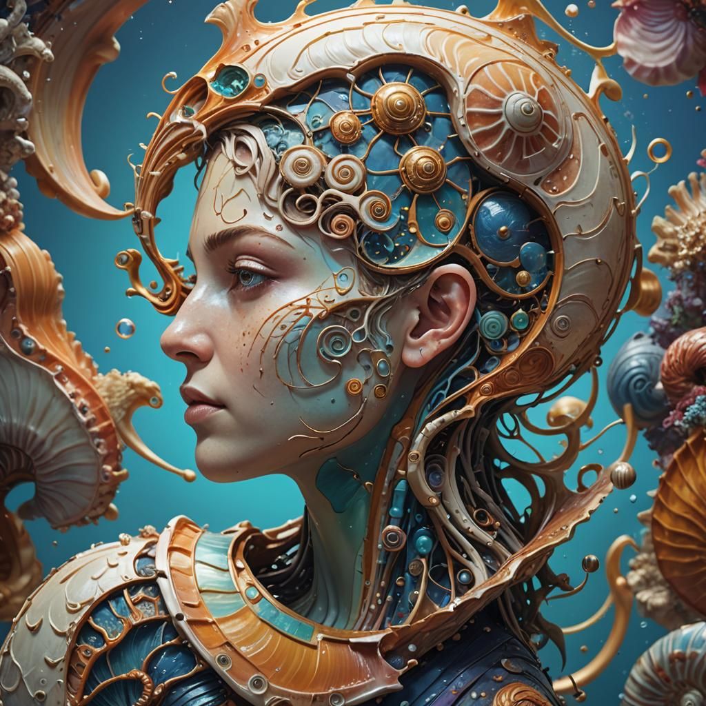 Person with Nautilus Body: Hyperrealistic Concept Art